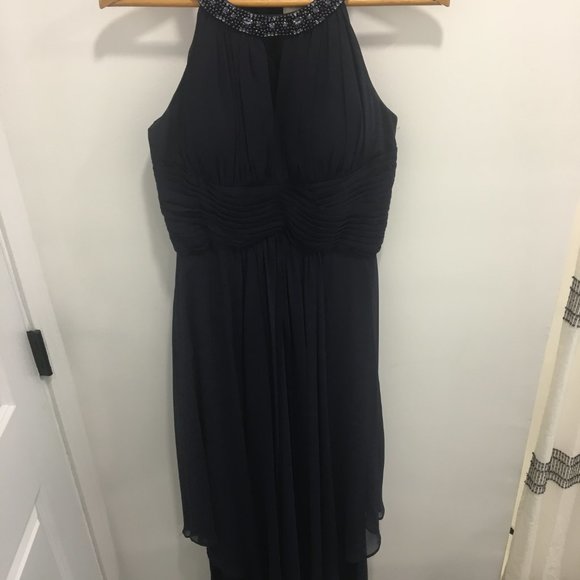 Eliza J Beaded Halter Tiered Chiffon Gown in Navy - Picture 3 of 7